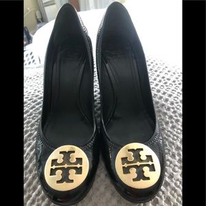 TORY BURCH REVA BLACK LEATHER WEDGE HEELS SHOES, 8